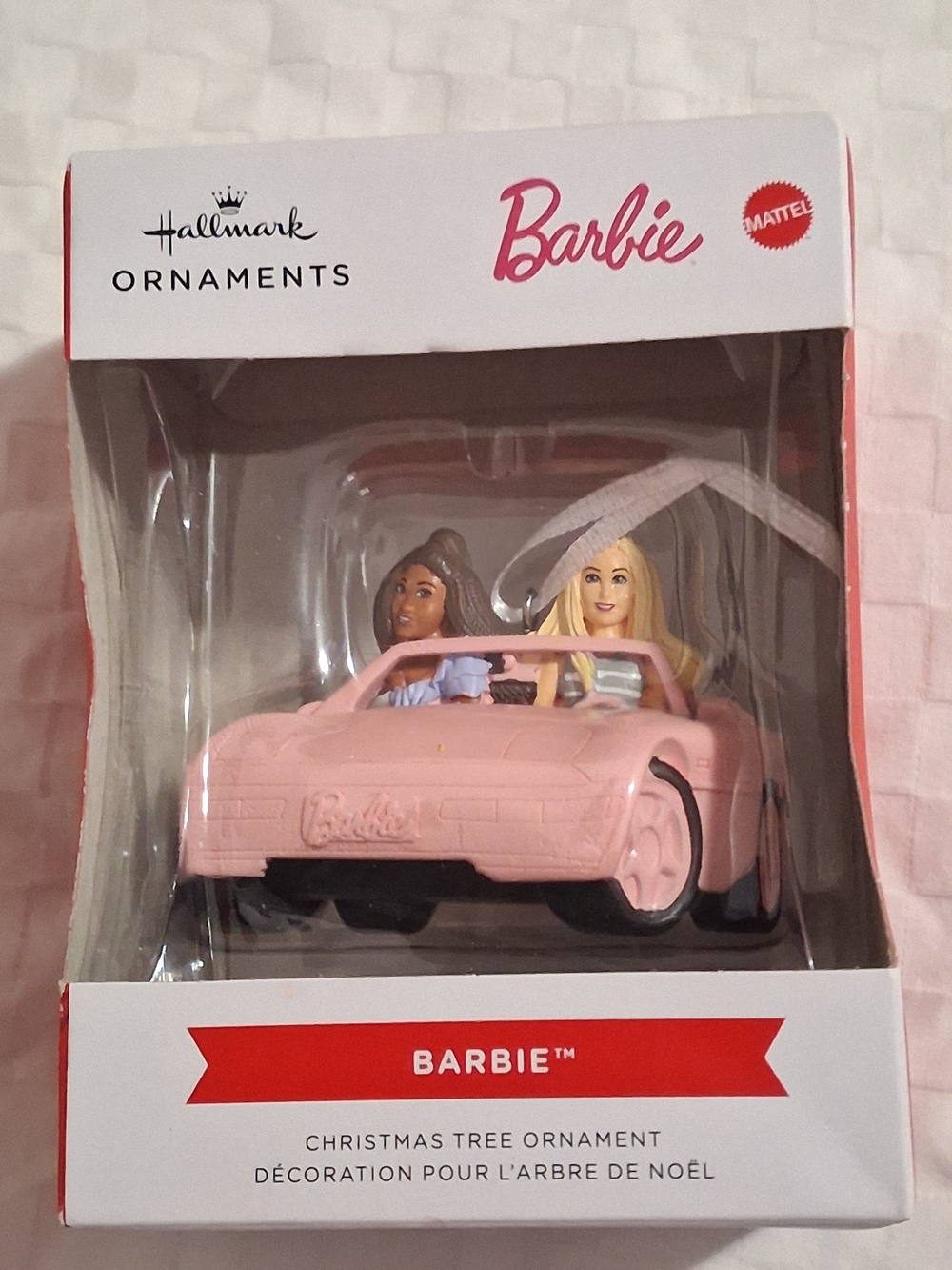 Mattel Barbie Pink Convertible Ornament with Blonde and Brunette Dolls